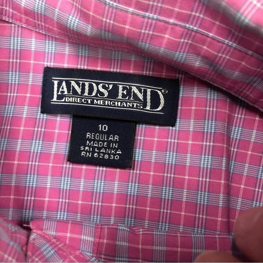Lands End Womens Button Down Shirt Size 10 Pink/Blue Plaid EUC Collared Preown - Picture 3 of 5
